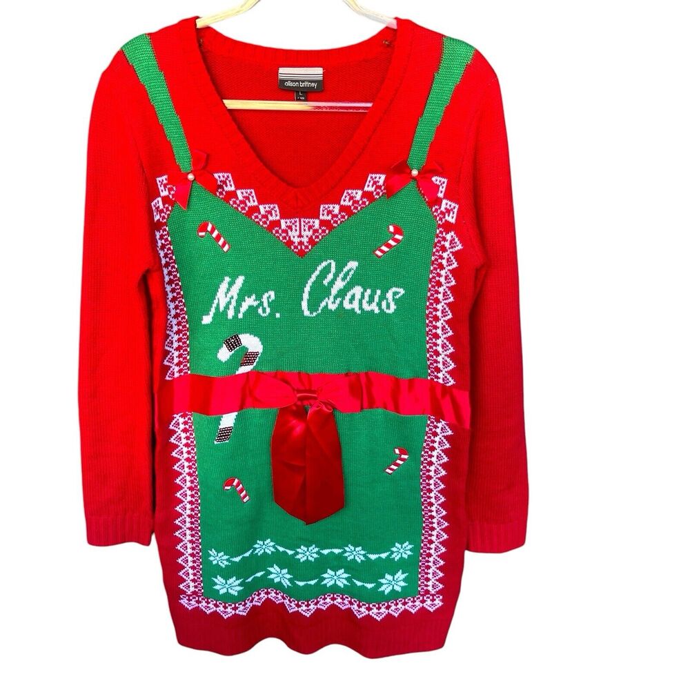 Allison Brittney Mrs. Claus Christmas Dress Womens Large Fair Isle Bows Holiday‎